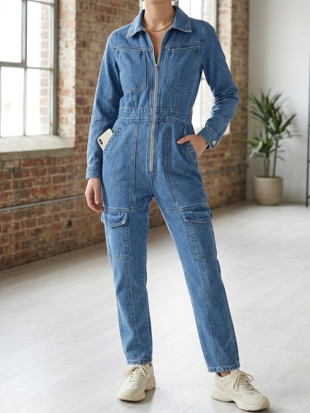 NWT La Lavon Denim medium wash Utility Cargo cotton Jumpsuit - Full Front Zip S
